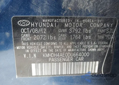 2013 Hyundai Elantra Gls/Limited z USA, uszkodzony, nr VIN KMHDH4AE0DU664000